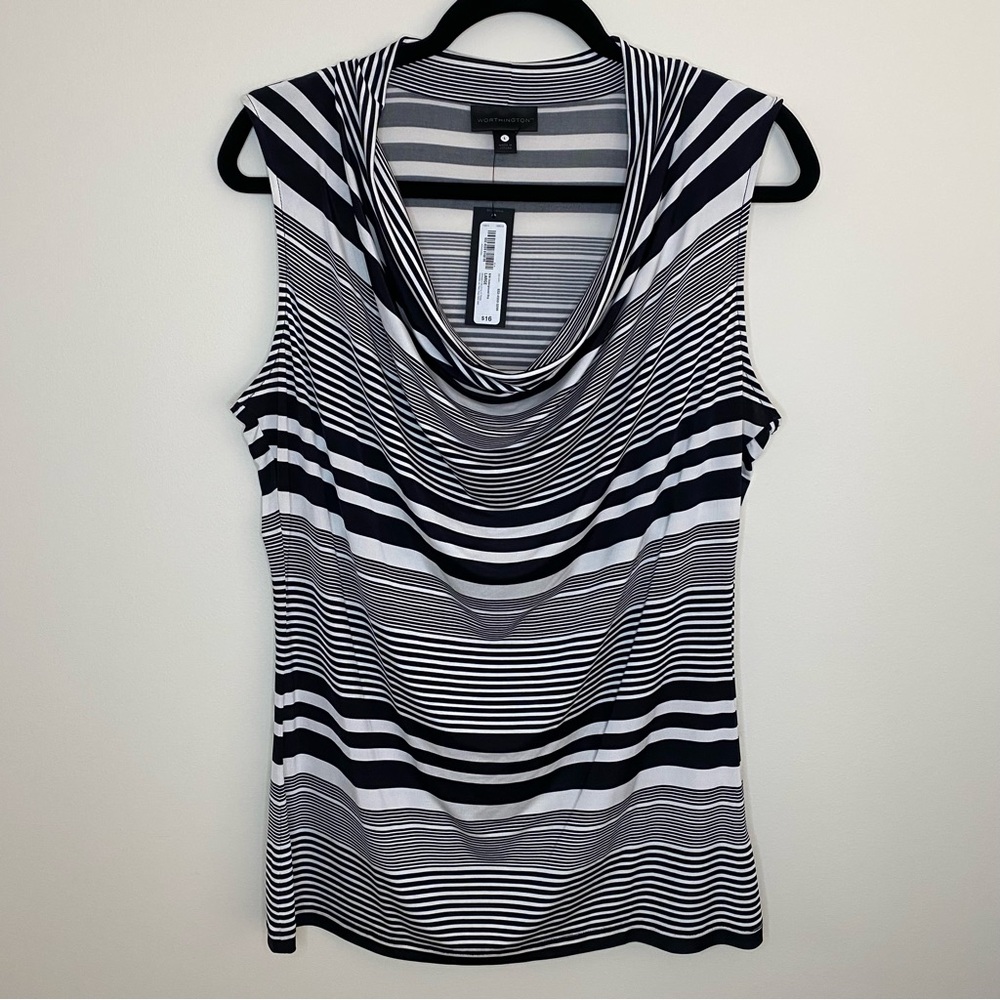 NWT Worthington Cowl Neck Black & White Underground Striped Sleeveless L Shirt